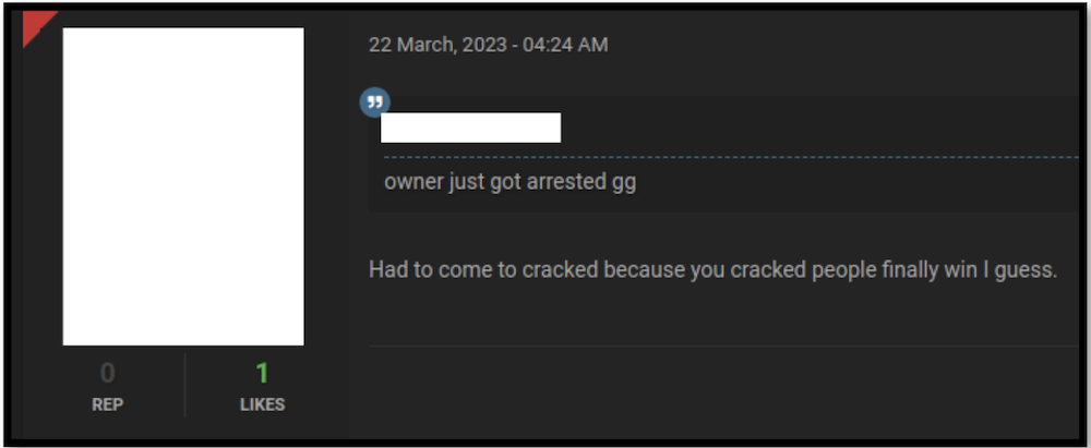 Figure 2: Cybercriminal stating he moved to Cracked forum after the breached forum shutdown