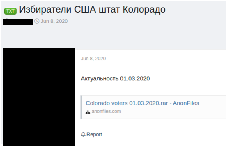 Colorado voter database, allegedly dated as of March 2020, shared on a Russian-language forum