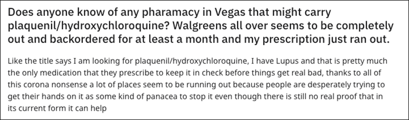 One of many social media posts commenting on the shortage of Hydroxychloroquine