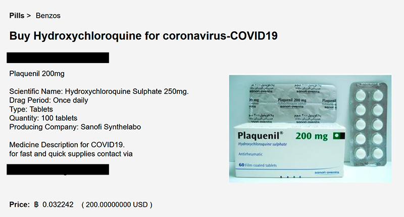 An advertisement for Hydroxychloroquine on a Dark Web market