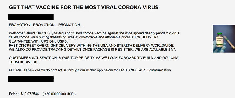 Dark Web advertisement for Coronavirus Vaccines