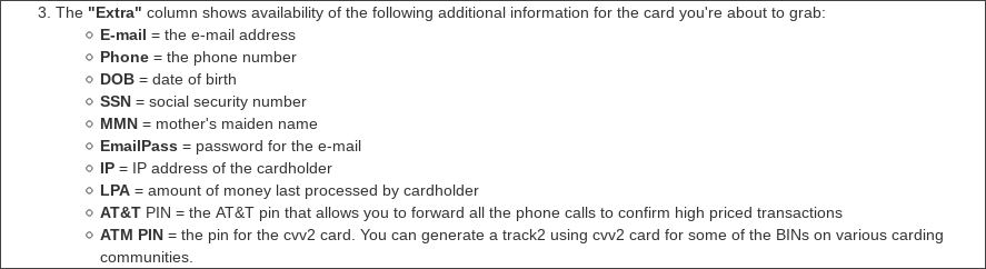 Underground carding market listing the “extra” information available with compromised card data
