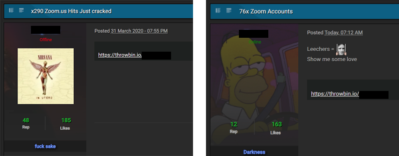 Members of an underground cracking forum posting Zoom accounts